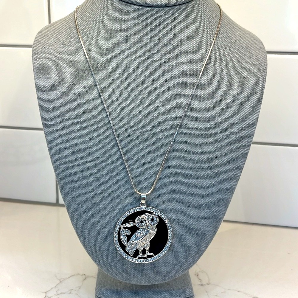 Owl Disc Pendant on a Long Silvertone chain